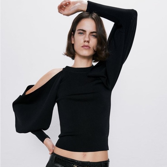 Zara Sweaters - Zara Black “Cold Shoulder” Sweater with Cuts Size S